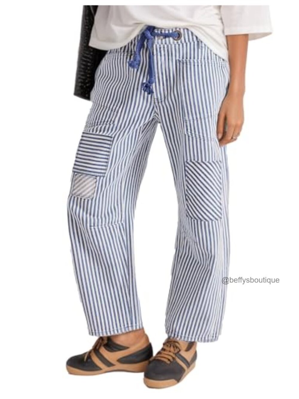 Striped Drawstring Patchwork Wide Leg Barrel Jeans